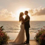 Venus Williams and Andrea Preti embracing with sunset glow over ocean and villa.