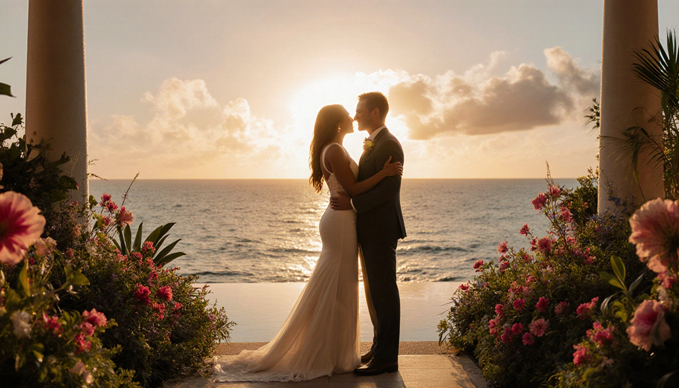 Venus Williams and Andrea Preti embracing with sunset glow over ocean and villa.