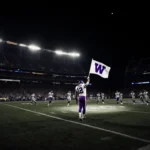 Vikings player holding up a W flag with dim stadium lights and defeated Cowboys walking off the field