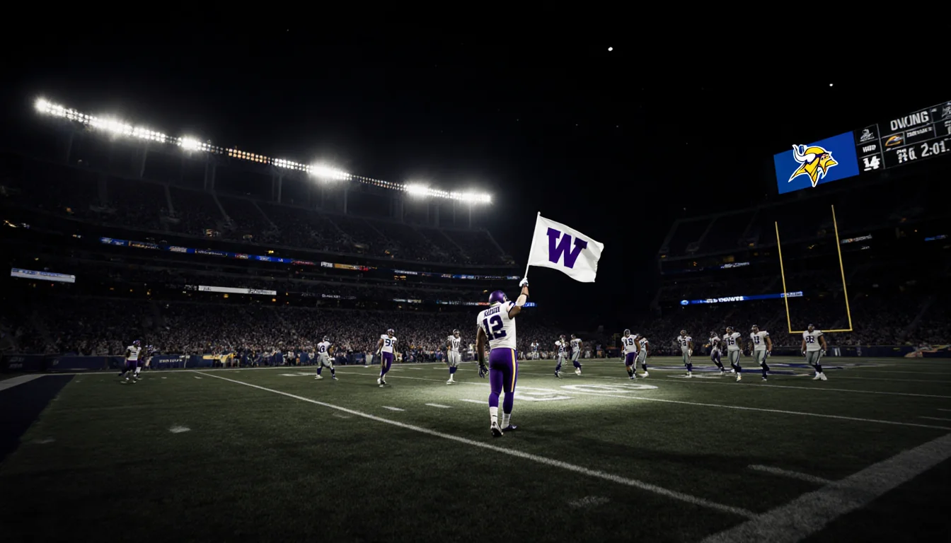 Vikings player holding up a W flag with dim stadium lights and defeated Cowboys walking off the field