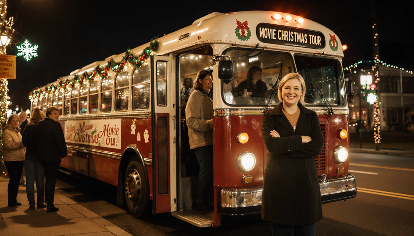 Woman Abby Rumfelt smiles with arms crossed in front of vintage coach bus with Hallmark banners and holiday lights