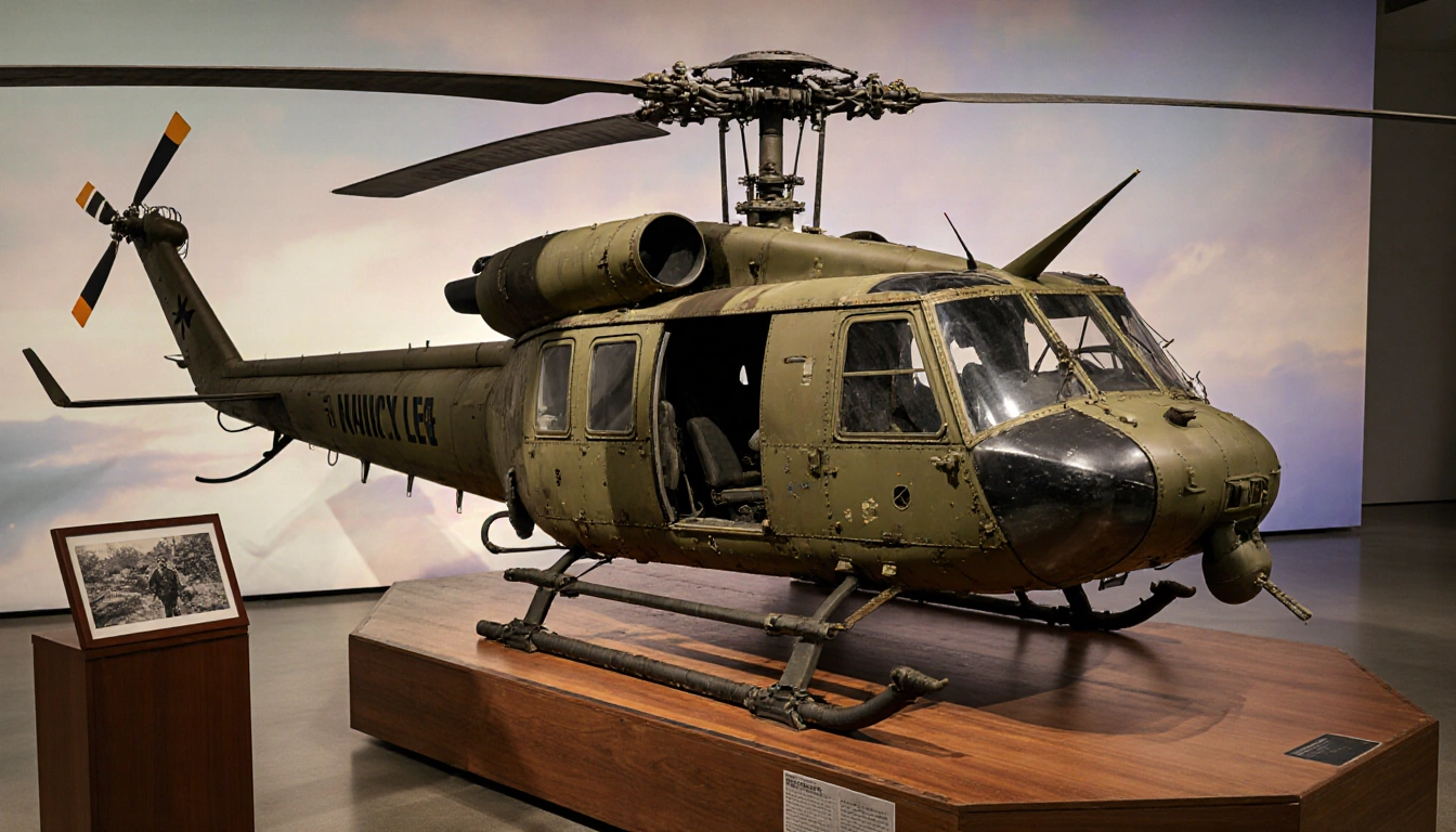 Vintage Huey helicopter rests on wooden pedestal in a museum with worn metal and faded paint and rotor blades