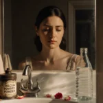 Woman looking down at vintage sink with talcum powder container and rose petals and warm glow on her face