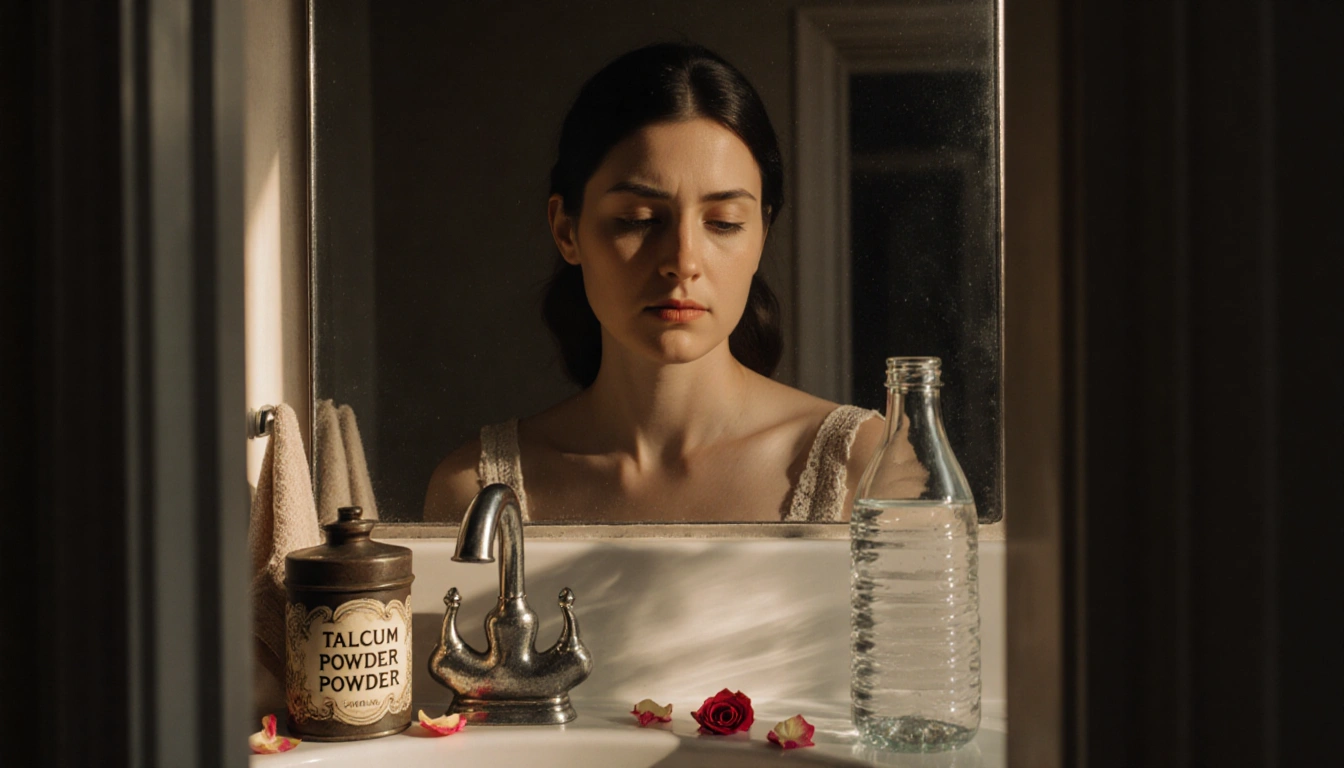 Woman looking down at vintage sink with talcum powder container and rose petals and warm glow on her face