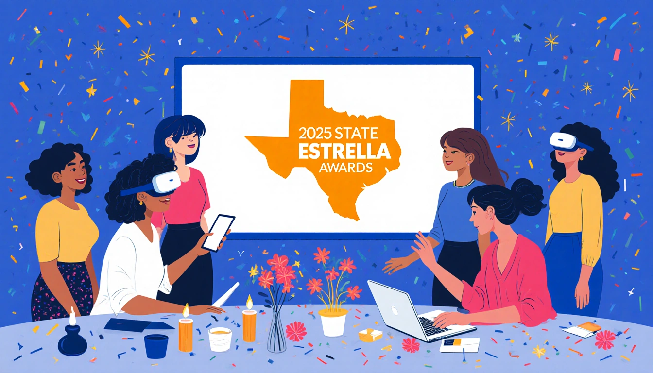 Women cheering at virtual watch party screen showing awards ceremony with VR headsets and confetti