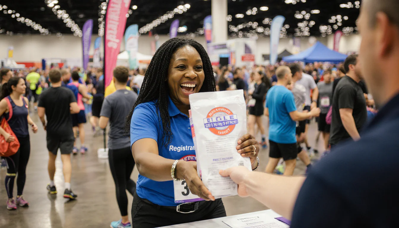 Volunteer Lolita Johnson handing a large packet to a runner at the marathon registration table with a vibrant expo crowd in t