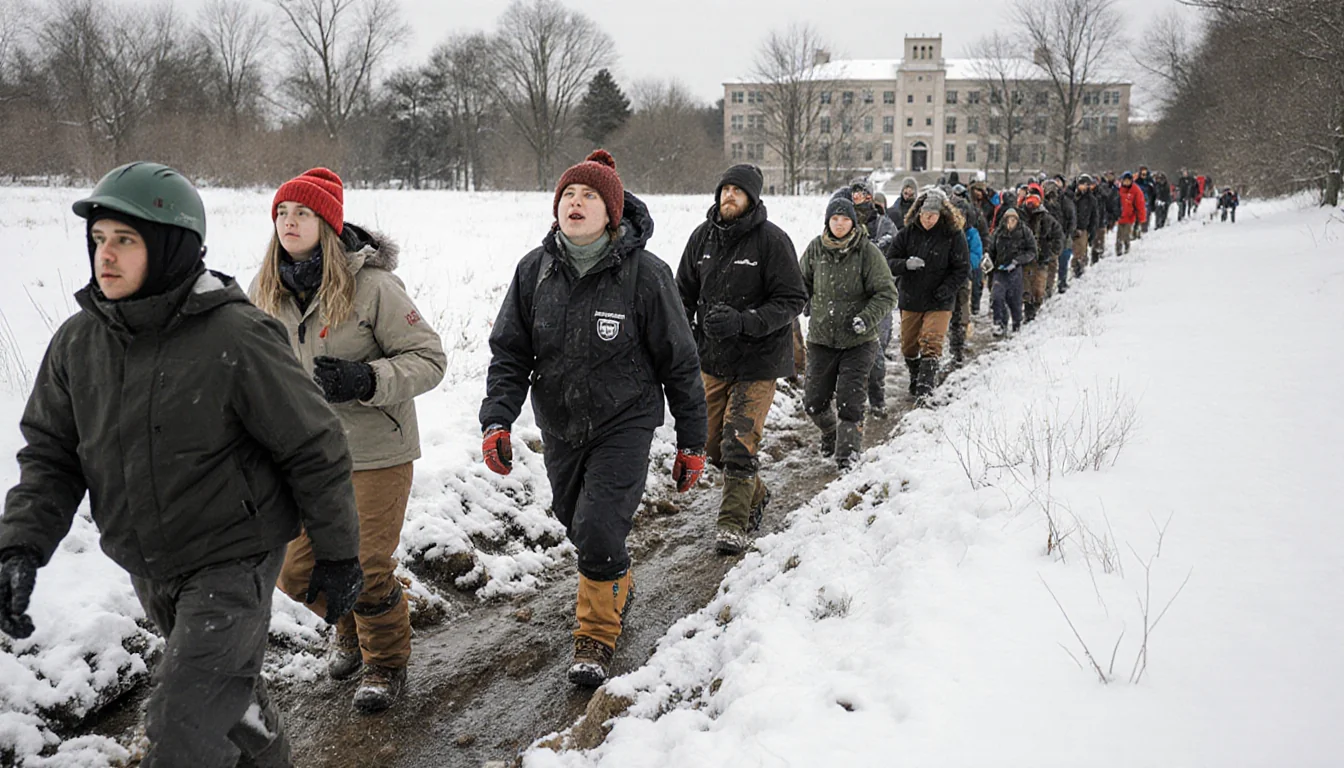 Volunteer group trudging through a snow-covered trail with winter gear and a distant SMU campus building in background.