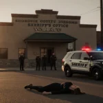 Woman lies on ground with police lights and paramedics rushing with warm sun glow and sheriff’s office behind.