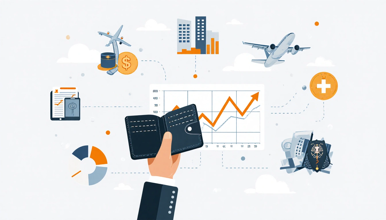 Person holding wallet with rising consumer spending graph and economic growth and health care symbols nearby