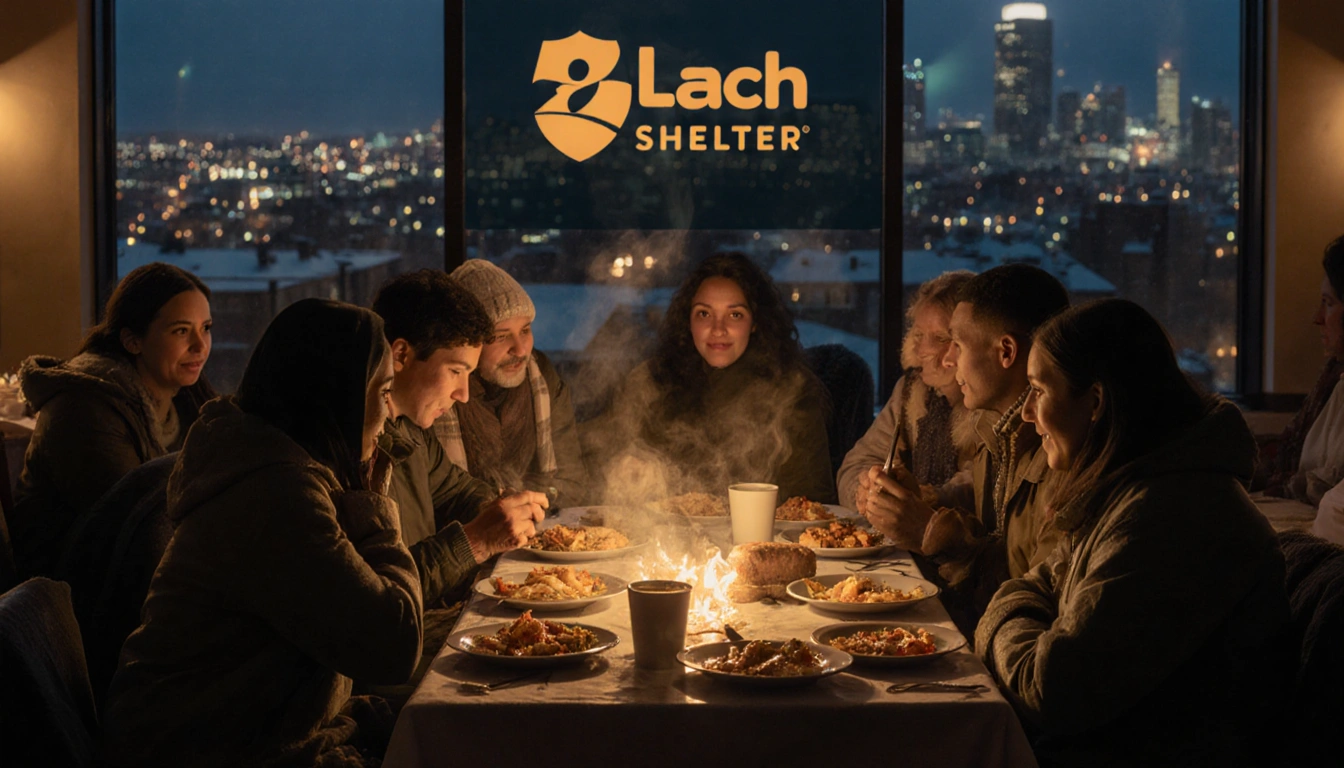 People gathering around tables in shelter with steaming hot meals and blankets under night lighting with cityscape behind