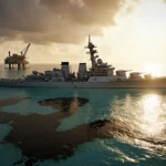 US Navy warship dominates turquoise waters with oil slick and Venezuelan rig under sunset glow