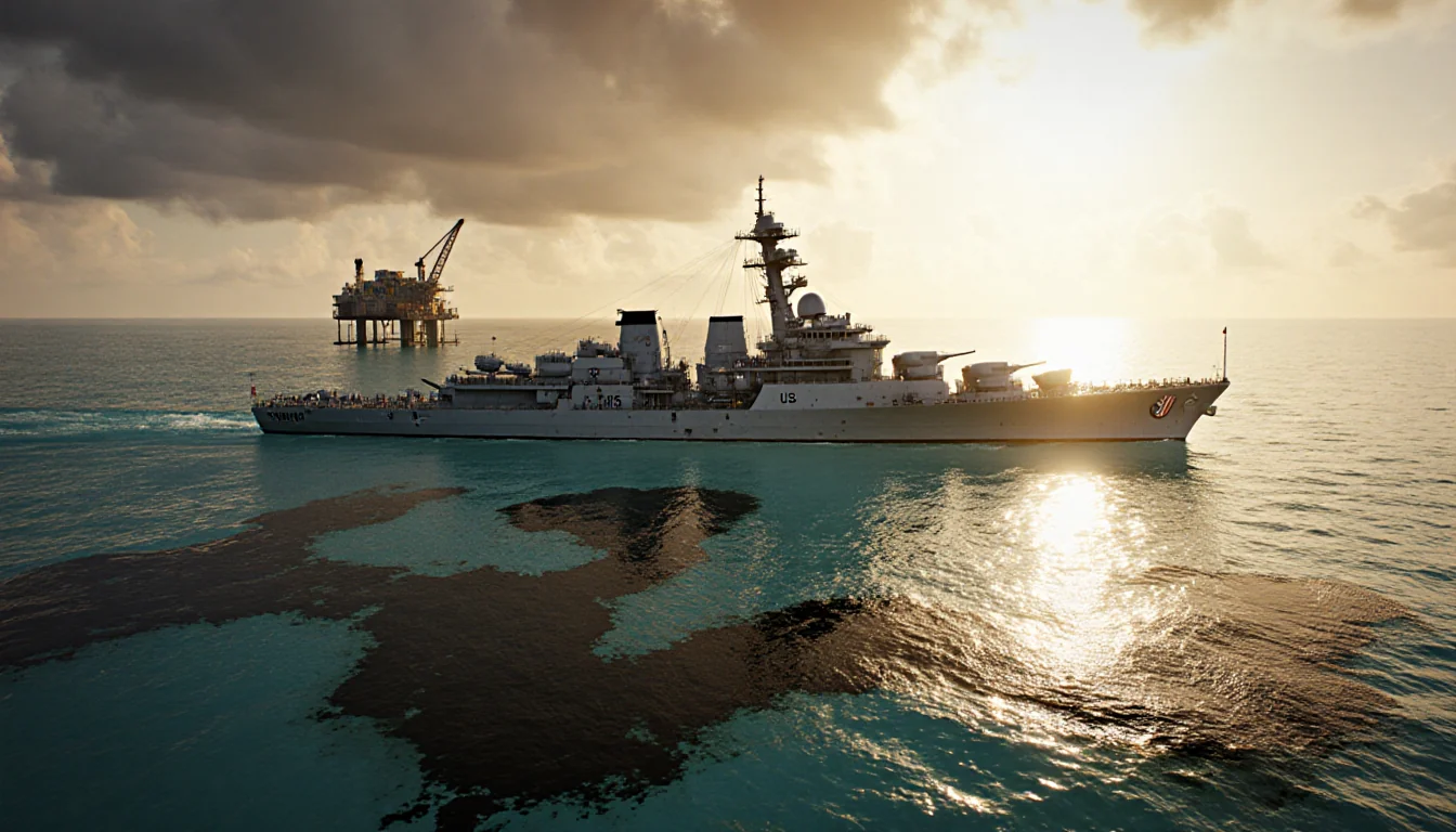 US Navy warship dominates turquoise waters with oil slick and Venezuelan rig under sunset glow
