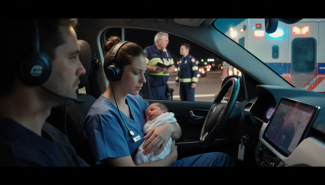 Doctor cradling newborn in emergency vehicle with Waymo logo and remote support team.