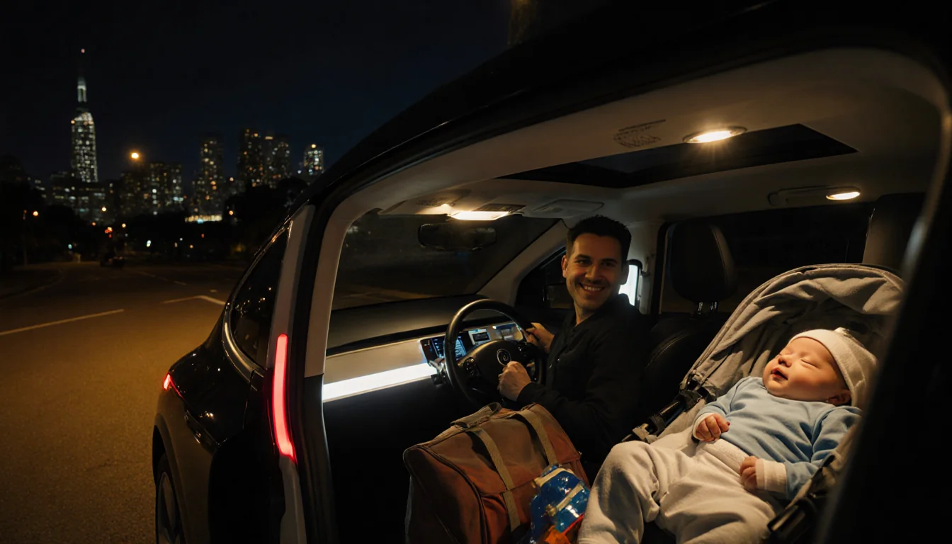 Waymo autonomous car glides through nighttime San Francisco streets with a stroller holding a newborn baby and a smiling driv