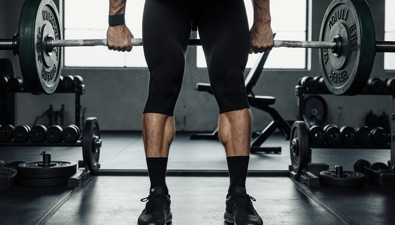 Gym athlete lifting a barbell with a confident stance and a mirror showing defined muscles