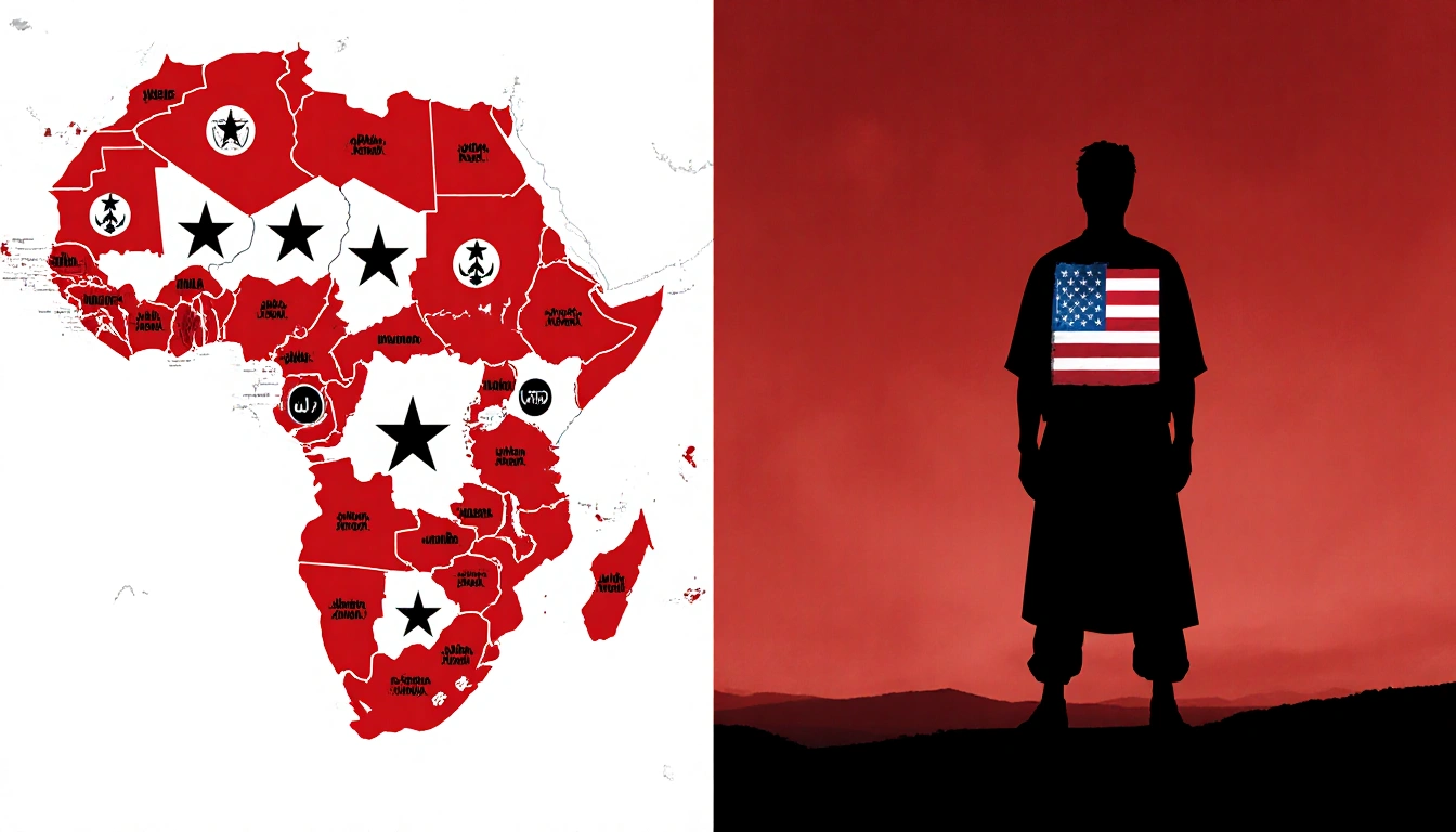 Silhouette of a U.S. national stands beside West Africa map marked with red armed group symbols.