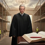 Judge standing and reviewing a book with scaffolding and chandelier in White House ballroom.
