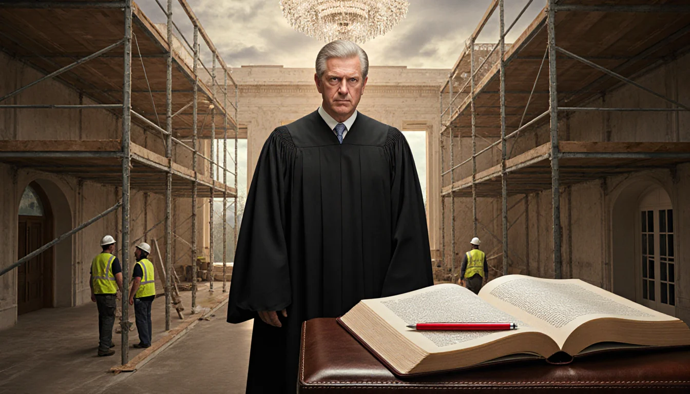 Judge standing and reviewing a book with scaffolding and chandelier in White House ballroom.