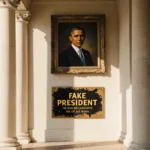 White House colonnade displays plaques with yellowed text and presidential portraits beneath under soft golden light