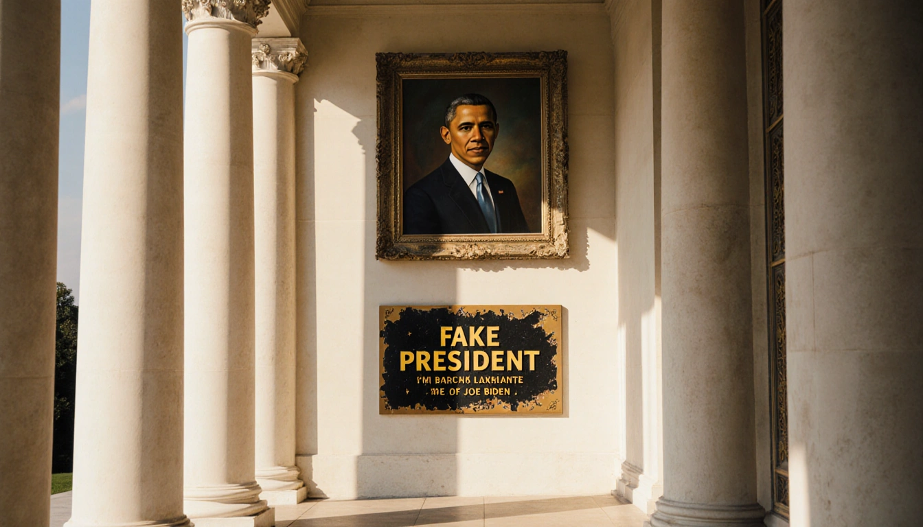 White House colonnade displays plaques with yellowed text and presidential portraits beneath under soft golden light