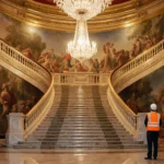 Construction workers pause and survey their work with a grand marble staircase and crystal chandeliers at the White House