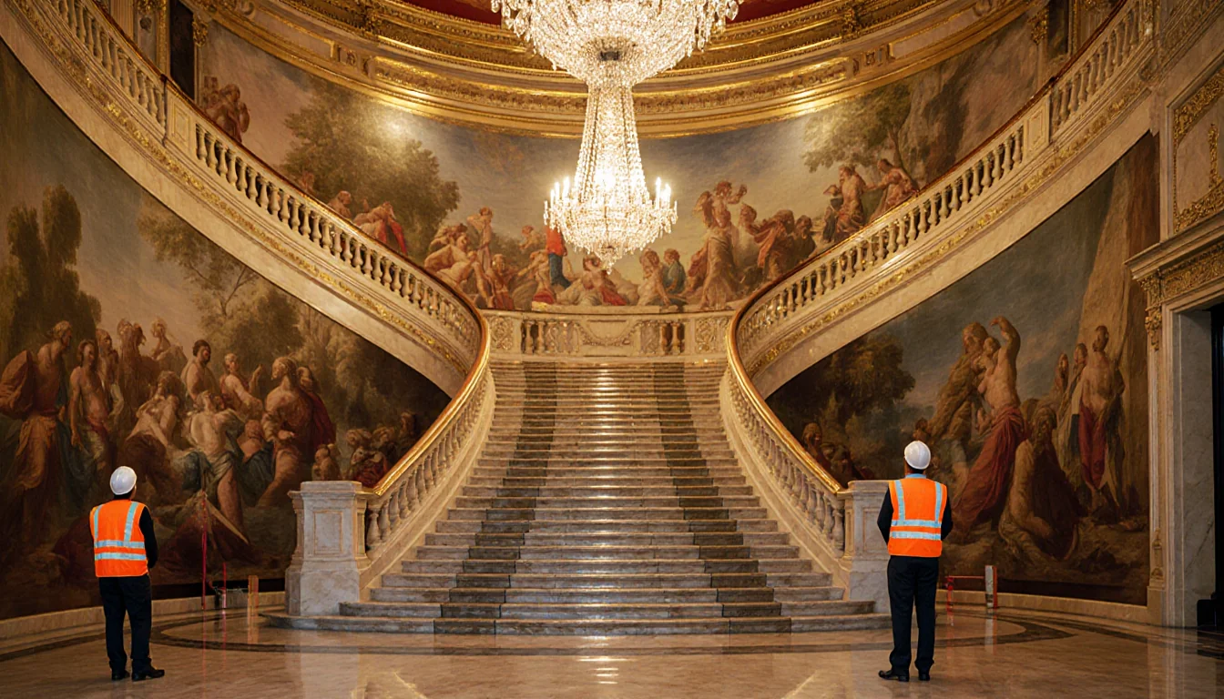 Construction workers pause and survey their work with a grand marble staircase and crystal chandeliers at the White House