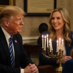 President Trump seated across from Miriam Adelson holding a menorah with golden light spilling the Oval Office in Hanukkah