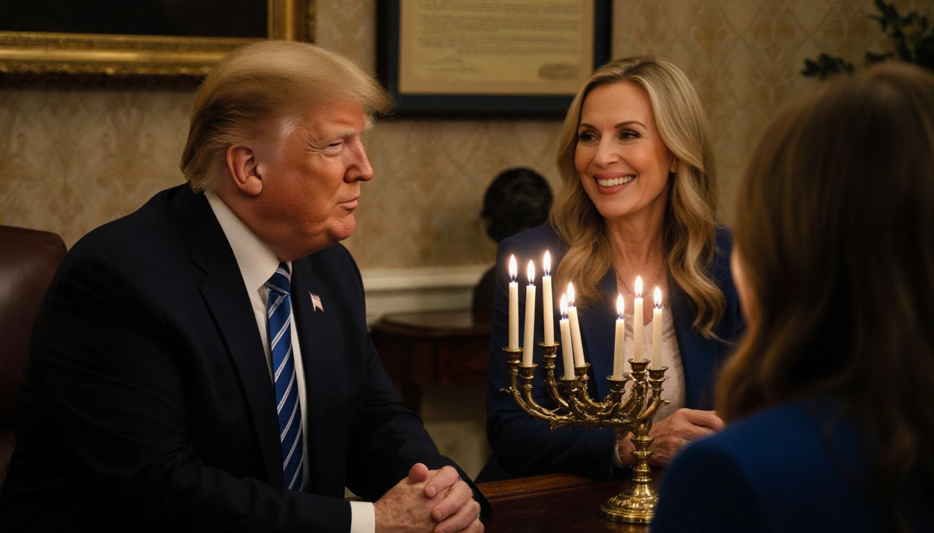 President Trump seated across from Miriam Adelson holding a menorah with golden light spilling the Oval Office in Hanukkah