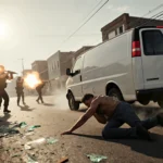 White van speeding away from chaotic scene with ICE agents firing and a person pinned to ground clutching arm