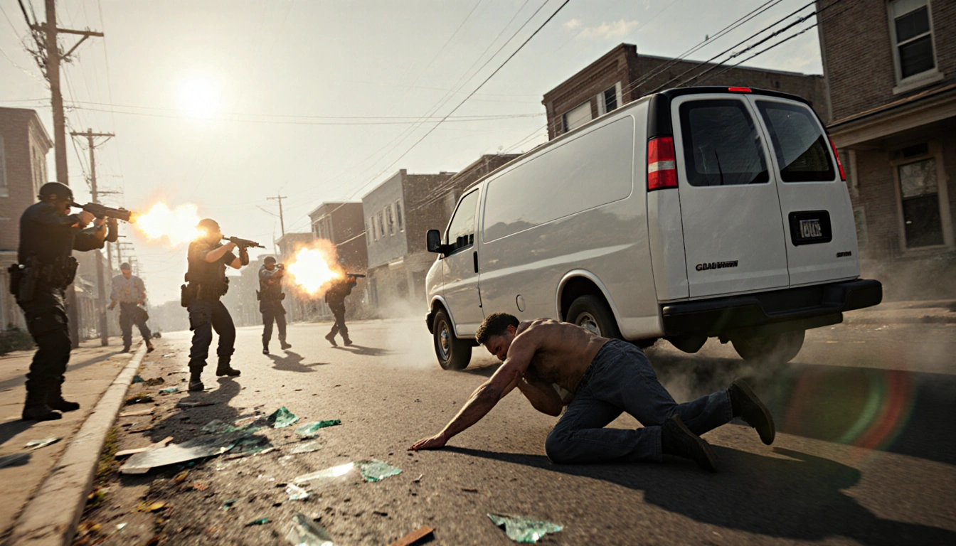 White van speeding away from chaotic scene with ICE agents firing and a person pinned to ground clutching arm