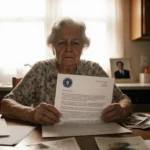 Widow sits at kitchen table holding ICE approval letter with warm light and photo of husband