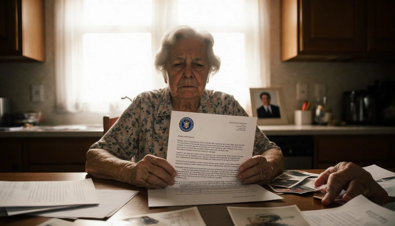 Widow sits at kitchen table holding ICE approval letter with warm light and photo of husband