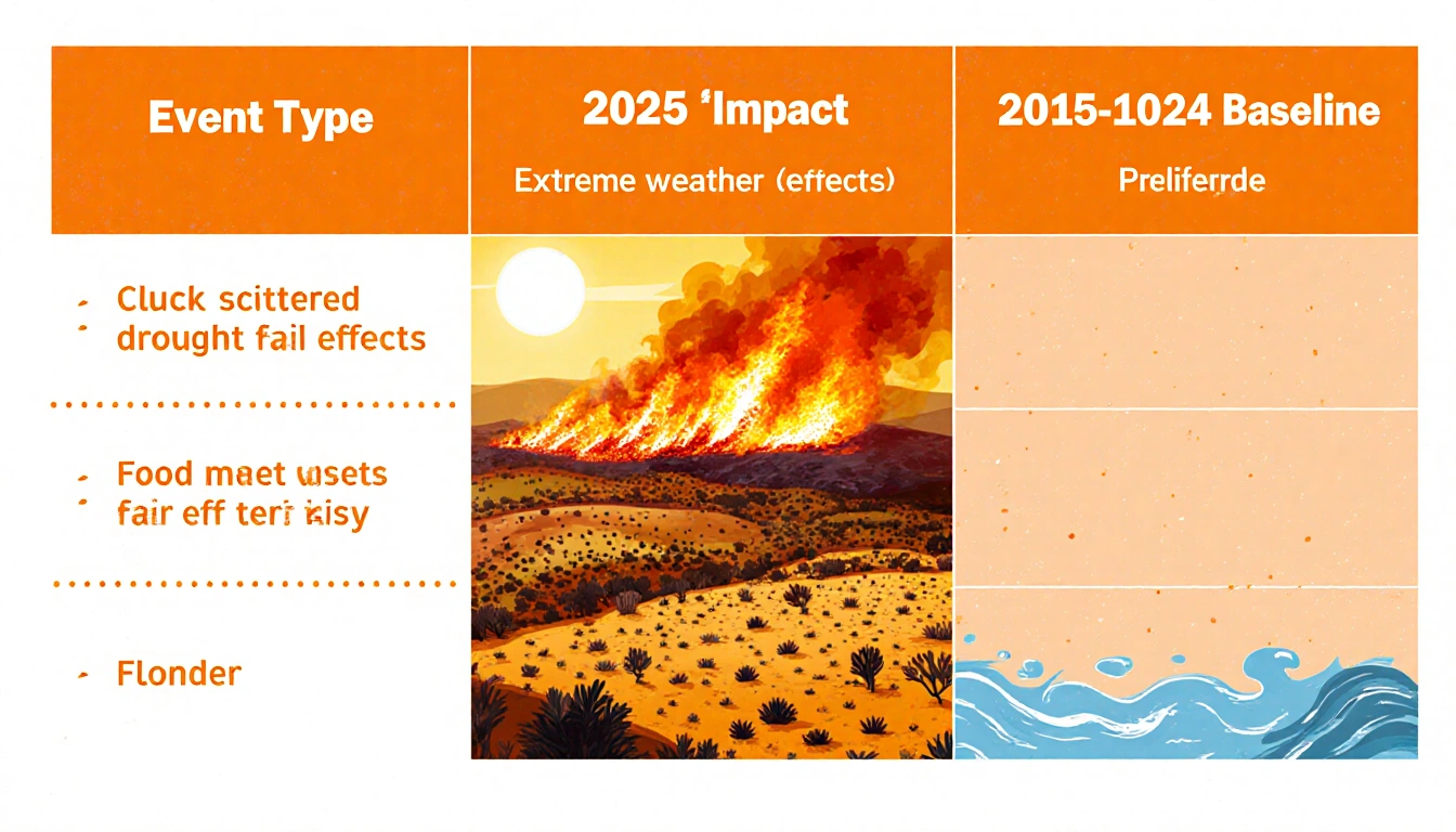 Wildfire spreads across Greek landscape in middle column of table with three columns and distant floodwater in background