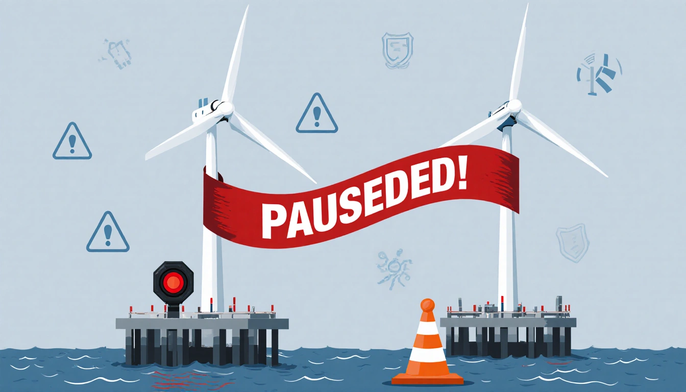 Wind turbines stand still with a red PAUSED flag on one and a stoplight cone on the other amid muted ocean gray.