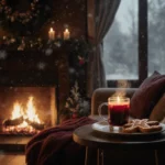 Steaming cup of mulled wine sits on side table with plate of gingerbread cookies and crackling fireplace in candlelit room