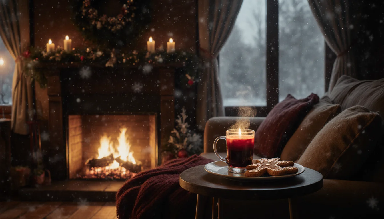 Steaming cup of mulled wine sits on side table with plate of gingerbread cookies and crackling fireplace in candlelit room