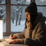 Person sits at desk reading a journal with soft light from a therapy lamp and winter morning view.