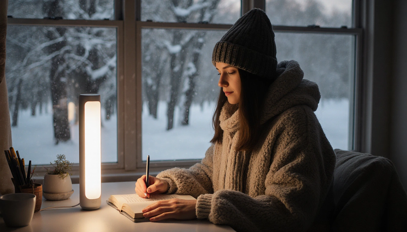 Person sits at desk reading a journal with soft light from a therapy lamp and winter morning view.