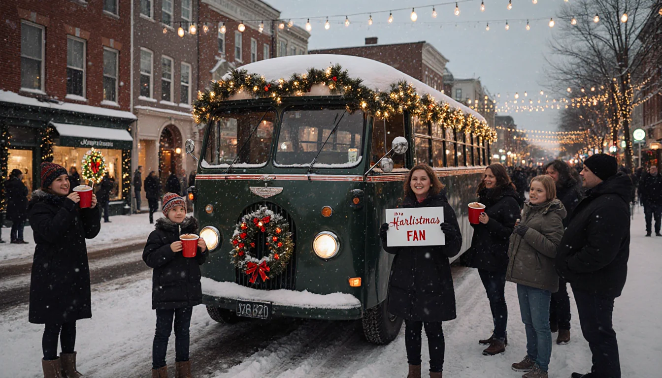 Fans line up to take a photo with a 1950s bus with garlands on a Connecticut square with winter lights