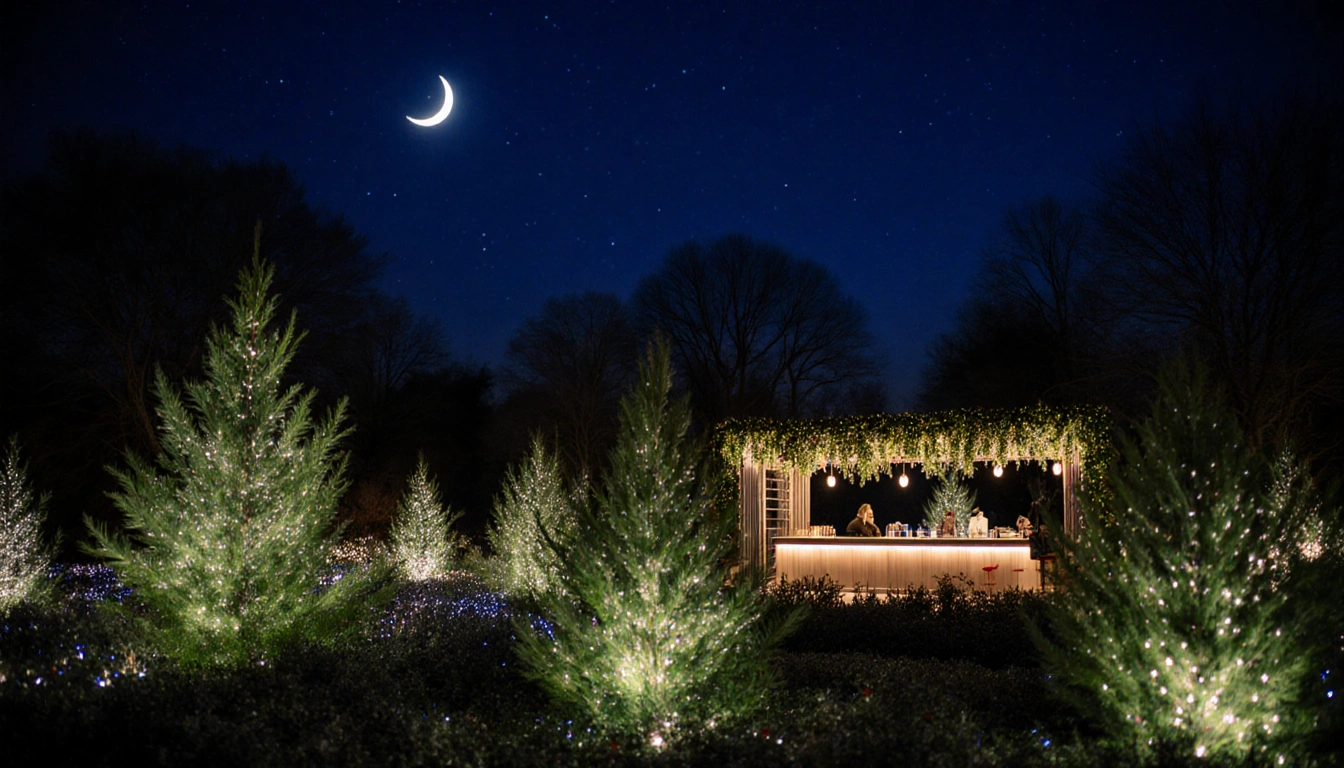 Projection‑mapped lights create a winter wonderland on lush foliage with a mistletoe lounge glowing in Dallas Arboretum