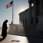 Solitary figure looks down at handcuffs with courthouse steps and faint mist in dusk lighting.