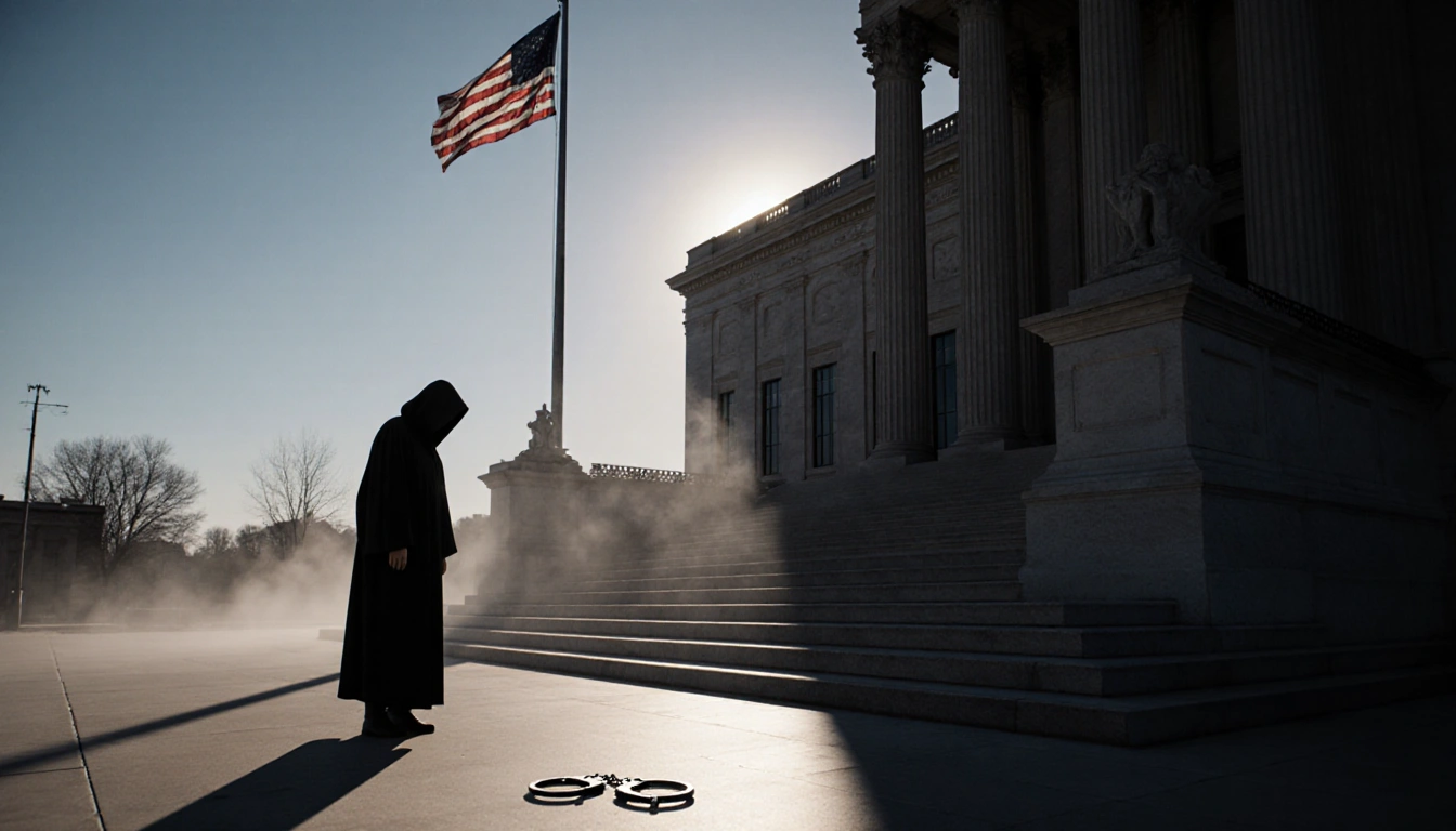 Solitary figure looks down at handcuffs with courthouse steps and faint mist in dusk lighting.