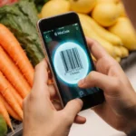 Hand holding smartphone scanning carrot barcode with glowing ring and excited expression