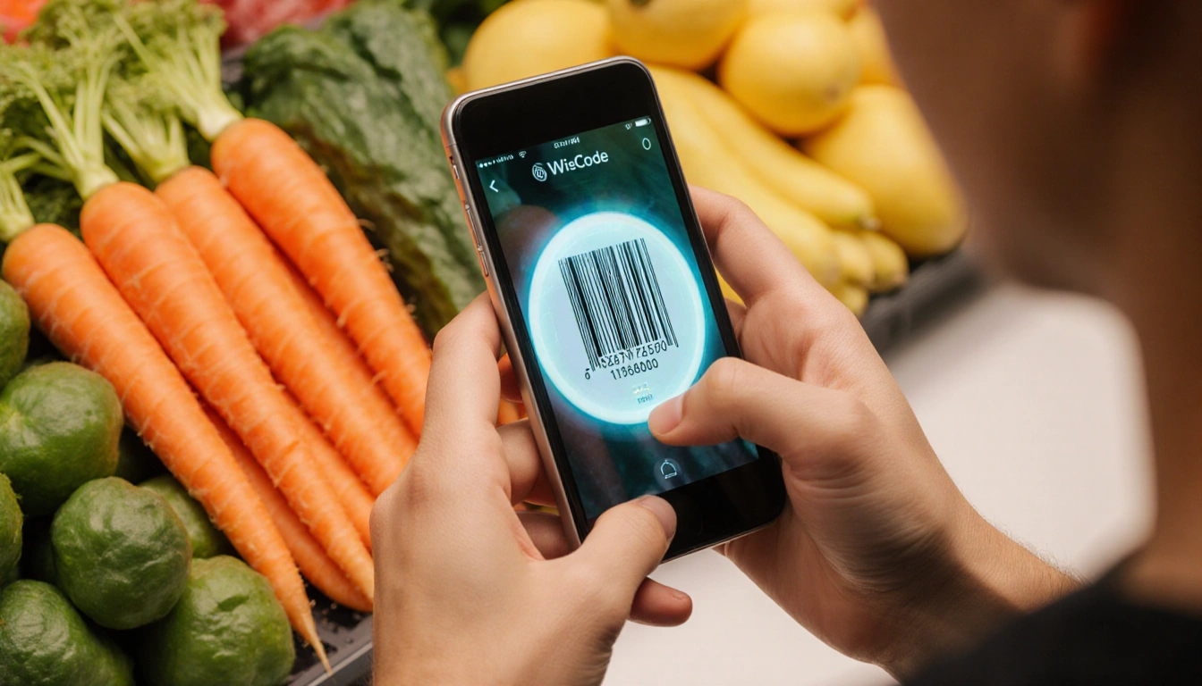 Hand holding smartphone scanning carrot barcode with glowing ring and excited expression