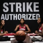 WNBA players clasp hands around conference table with jerseys and contracts and strike banner in background.