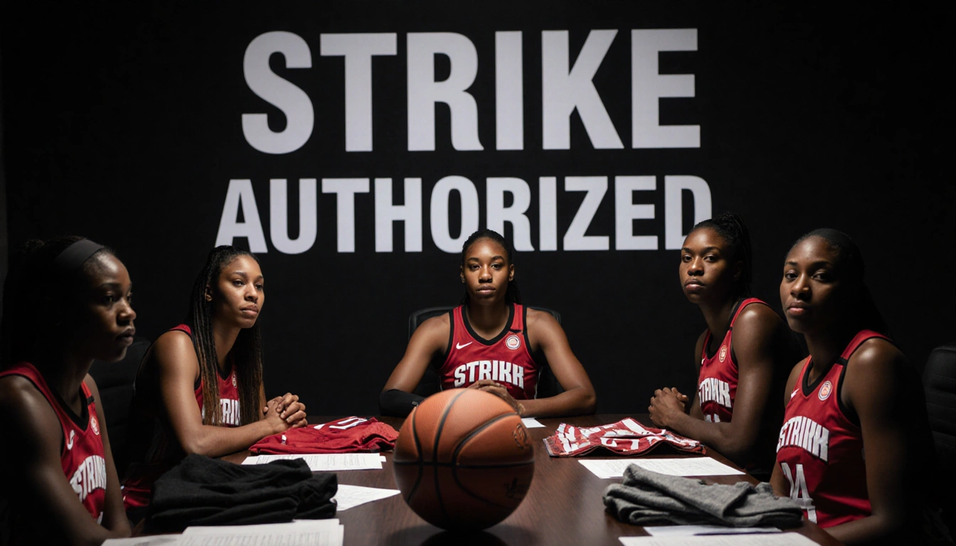 WNBA players clasp hands around conference table with jerseys and contracts and strike banner in background.