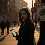 Young woman looking at viewer holding smartphone with crime map and Brown poster on lamppost in Providence