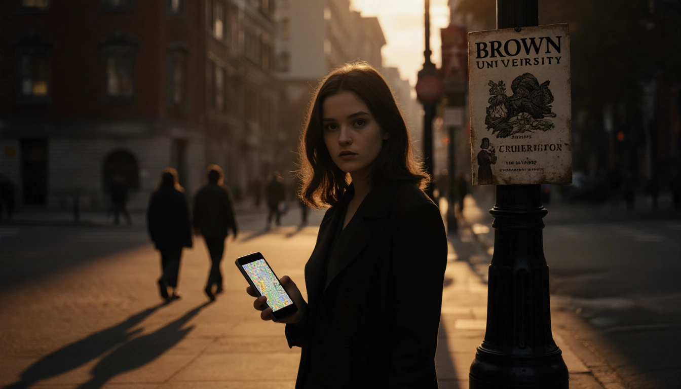 Young woman looking at viewer holding smartphone with crime map and Brown poster on lamppost in Providence