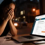 Woman sits at table with eyes down amid financial documents credit cards laptop displays breached database cyber threat