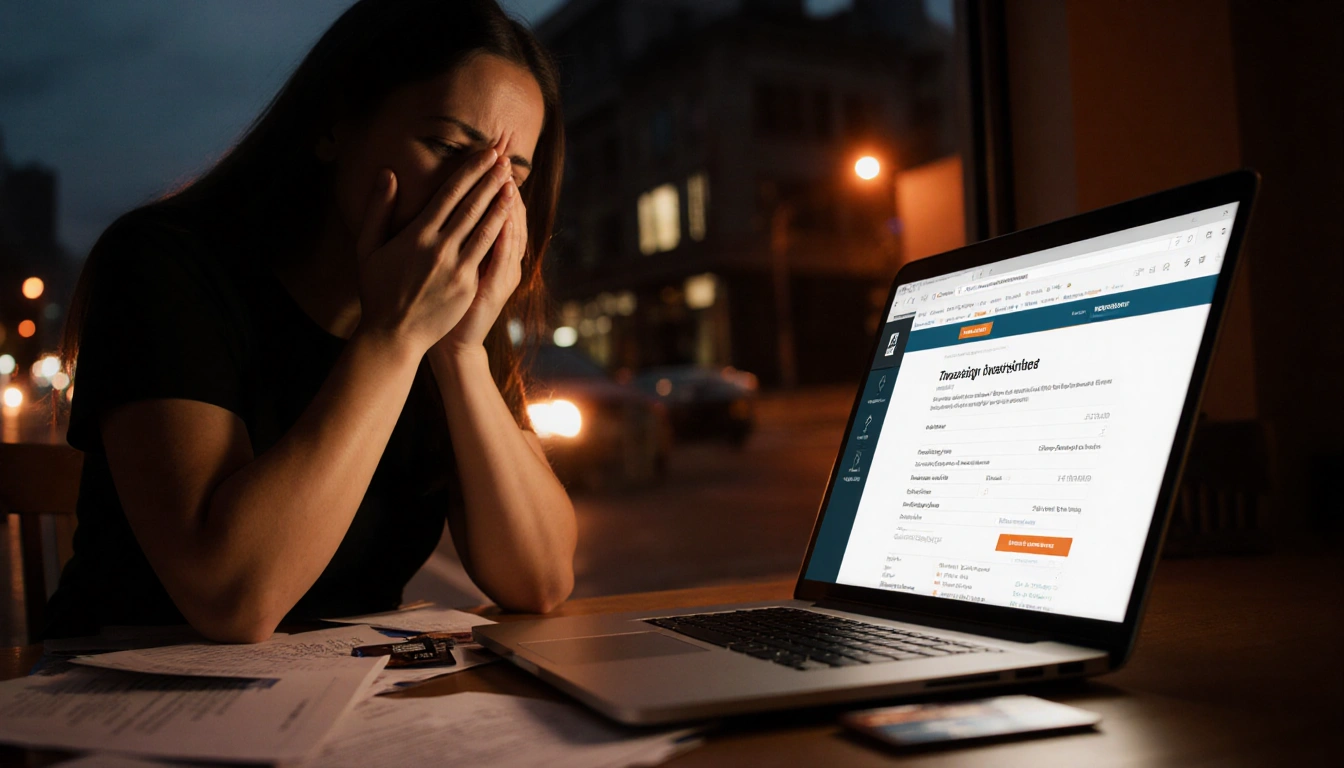 Woman sits at table with eyes down amid financial documents credit cards laptop displays breached database cyber threat